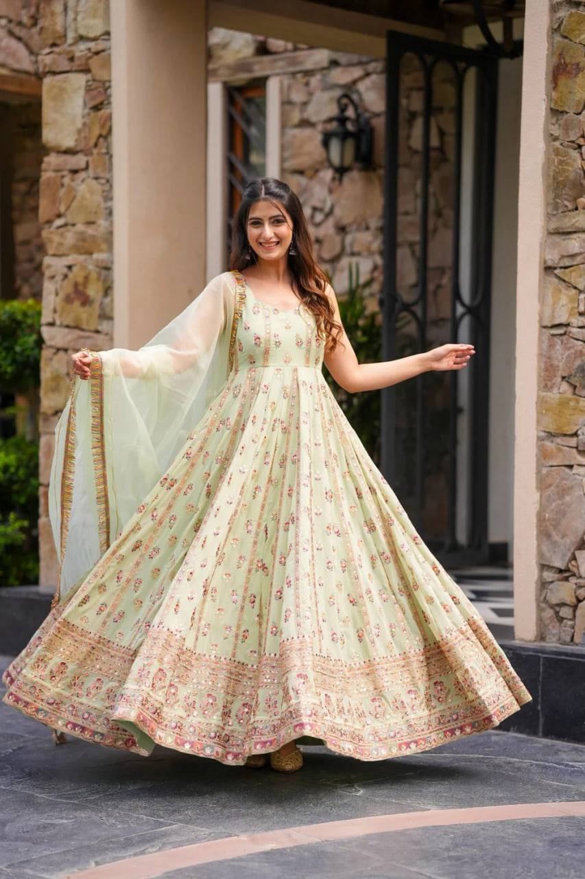 Mint Green Elegant Faux Georgette Thread & Sequin Work Suit Set with Dupatta – Fully Stitched ClothsVilla Main image