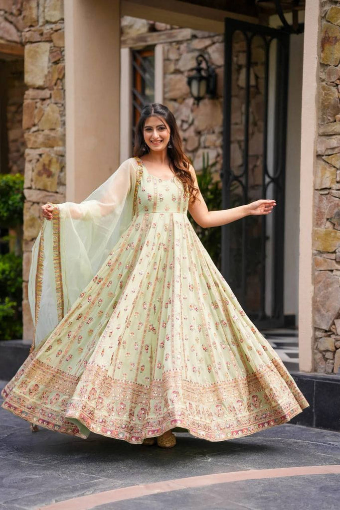 Mint Green Elegant Faux Georgette Thread & Sequin Work Suit Set with Dupatta – Fully Stitched ClothsVilla