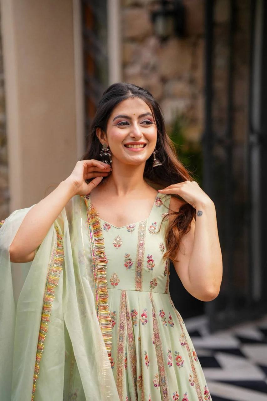 Mint Green Elegant Faux Georgette Thread & Sequin Work Suit Set with Dupatta – Fully Stitched ClothsVilla