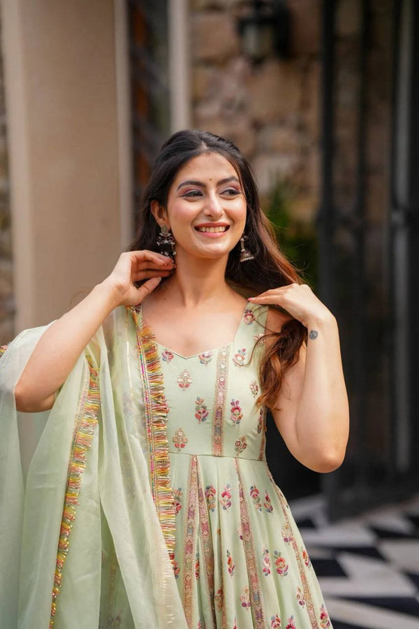 Mint Green Elegant Faux Georgette Thread & Sequin Work Suit Set with Dupatta – Fully Stitched ClothsVilla