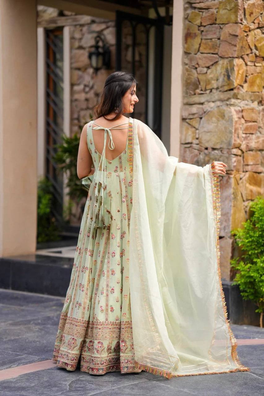 Mint Green Elegant Faux Georgette Thread & Sequin Work Suit Set with Dupatta – Fully Stitched ClothsVilla