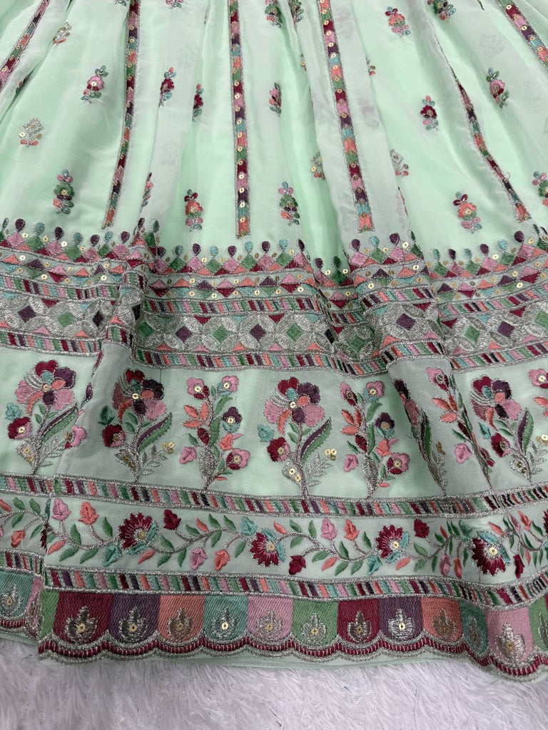 Mint Green Elegant Faux Georgette Thread & Sequin Work Suit Set with Dupatta – Fully Stitched ClothsVilla