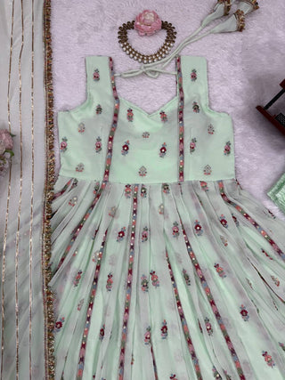 Mint Green Elegant Faux Georgette Thread & Sequin Work Suit Set with Dupatta – Fully Stitched ClothsVilla