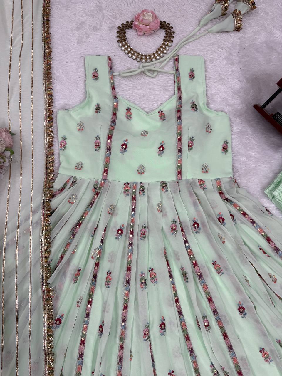 Mint Green Elegant Faux Georgette Thread & Sequin Work Suit Set with Dupatta – Fully Stitched ClothsVilla