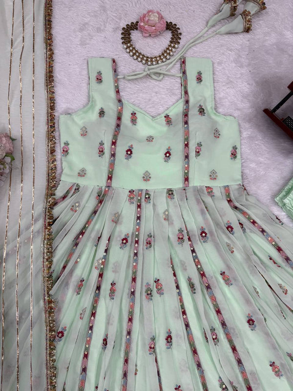 Mint Green Elegant Faux Georgette Thread & Sequin Work Suit Set with Dupatta – Fully Stitched ClothsVilla
