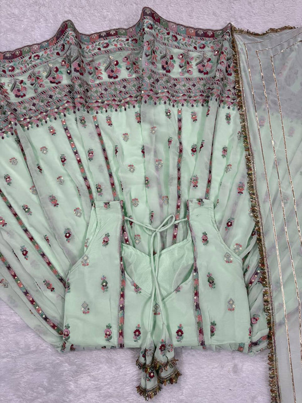 Mint Green Elegant Faux Georgette Thread & Sequin Work Suit Set with Dupatta – Fully Stitched ClothsVilla