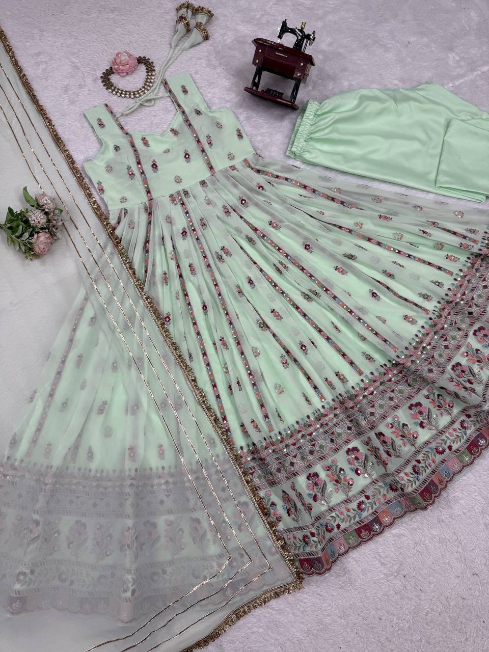 Mint Green Elegant Faux Georgette Thread & Sequin Work Suit Set with Dupatta – Fully Stitched ClothsVilla