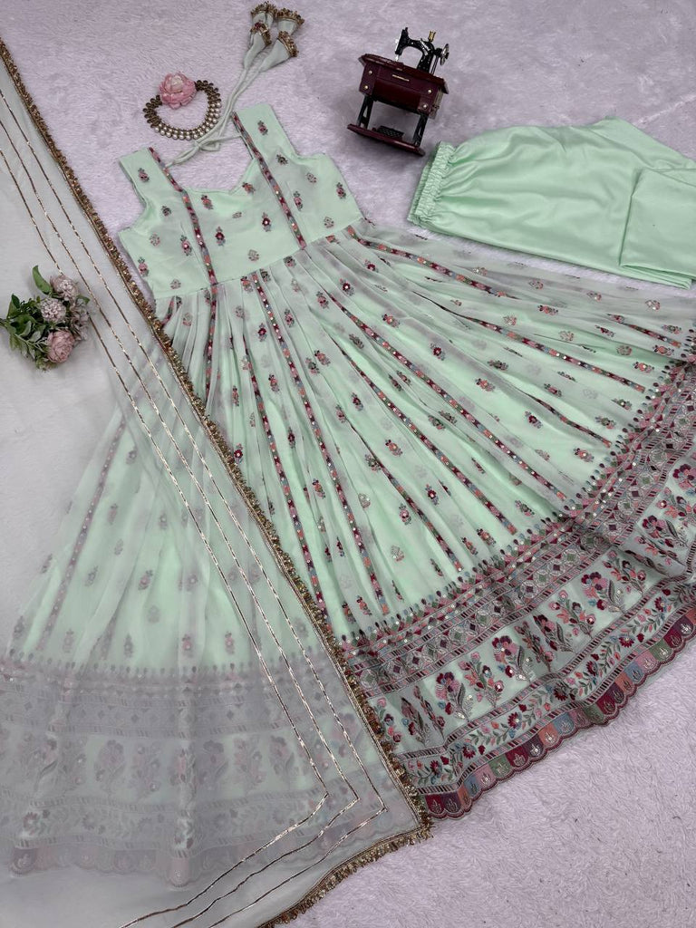 Mint Green Elegant Faux Georgette Thread & Sequin Work Suit Set with Dupatta – Fully Stitched ClothsVilla