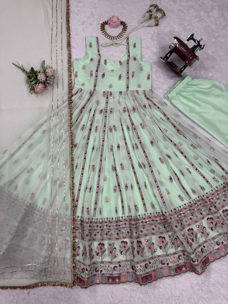 Mint Green Elegant Faux Georgette Thread & Sequin Work Suit Set with Dupatta – Fully Stitched ClothsVilla