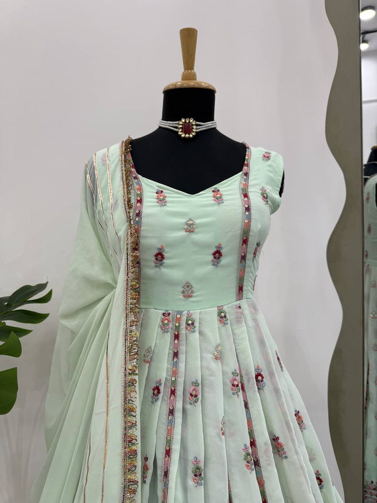 Mint Green Elegant Faux Georgette Thread & Sequin Work Suit Set with Dupatta – Fully Stitched ClothsVilla