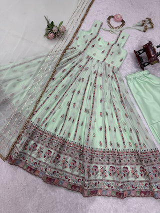 Mint Green Elegant Faux Georgette Thread & Sequin Work Suit Set with Dupatta – Fully Stitched ClothsVilla