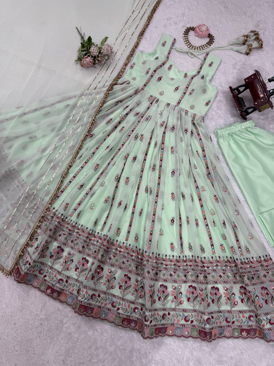 Mint Green Elegant Faux Georgette Thread & Sequin Work Suit Set with Dupatta – Fully Stitched ClothsVilla