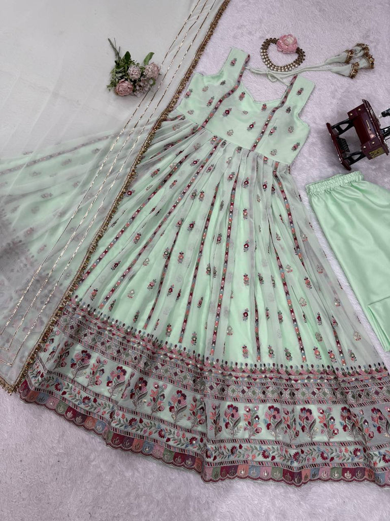 Mint Green Elegant Faux Georgette Thread & Sequin Work Suit Set with Dupatta – Fully Stitched ClothsVilla