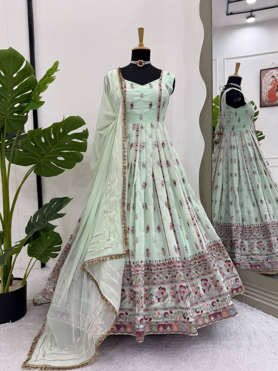 Mint Green Elegant Faux Georgette Thread & Sequin Work Suit Set with Dupatta – Fully Stitched ClothsVilla