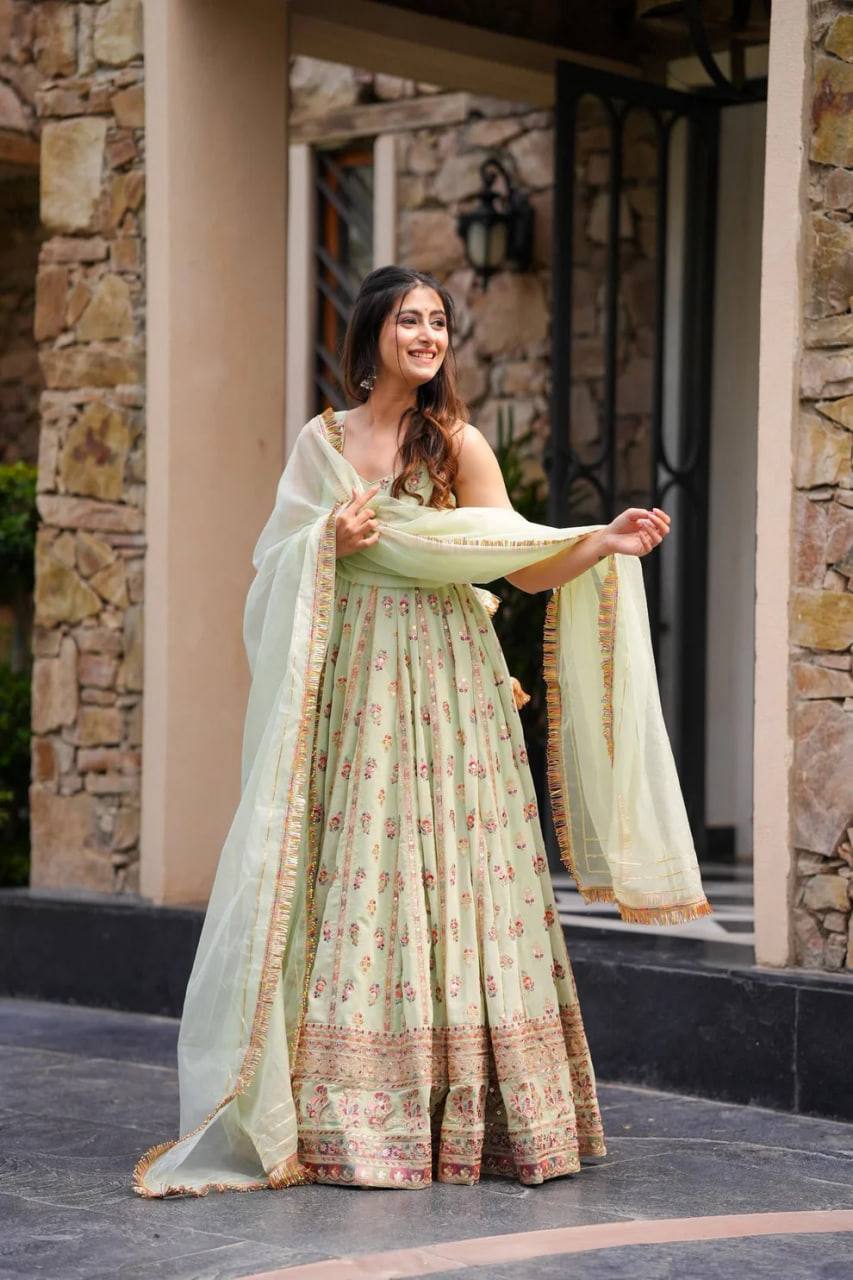 Mint Green Elegant Faux Georgette Thread & Sequin Work Suit Set with Dupatta – Fully Stitched ClothsVilla