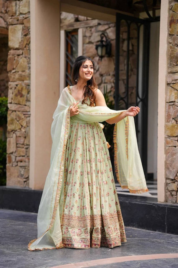 Mint Green Elegant Faux Georgette Thread & Sequin Work Suit Set with Dupatta – Fully Stitched ClothsVilla