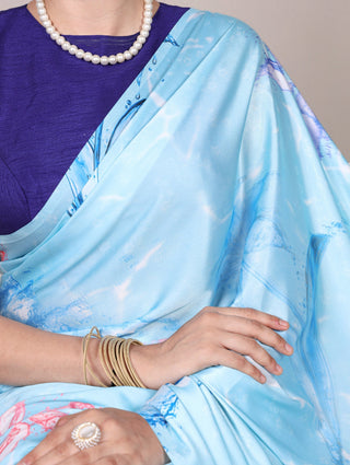 Sky Blue Elegant Floral Printed Satin Silk Saree with Mono Benglory Blouse Piece ClothsVilla