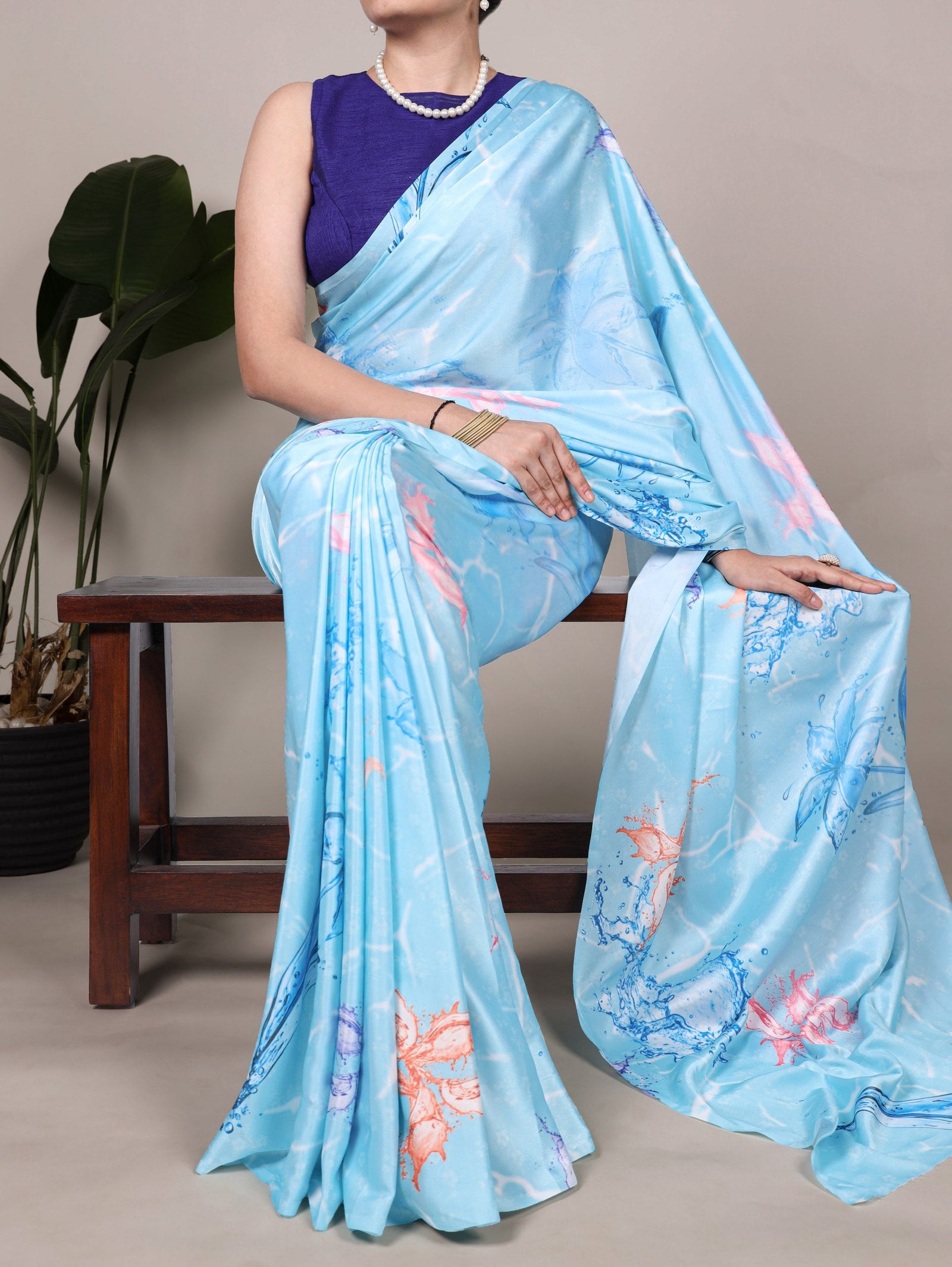 Sky Blue Elegant Floral Printed Satin Silk Saree with Mono Benglory Blouse Piece ClothsVilla