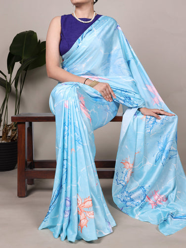 Sky Blue Elegant Floral Printed Satin Silk Saree with Mono Benglory Blouse Piece ClothsVilla