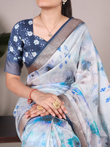 Sky Blue Elegant Floral Printed Tussar Silk Saree with Viscose Border ClothsVilla