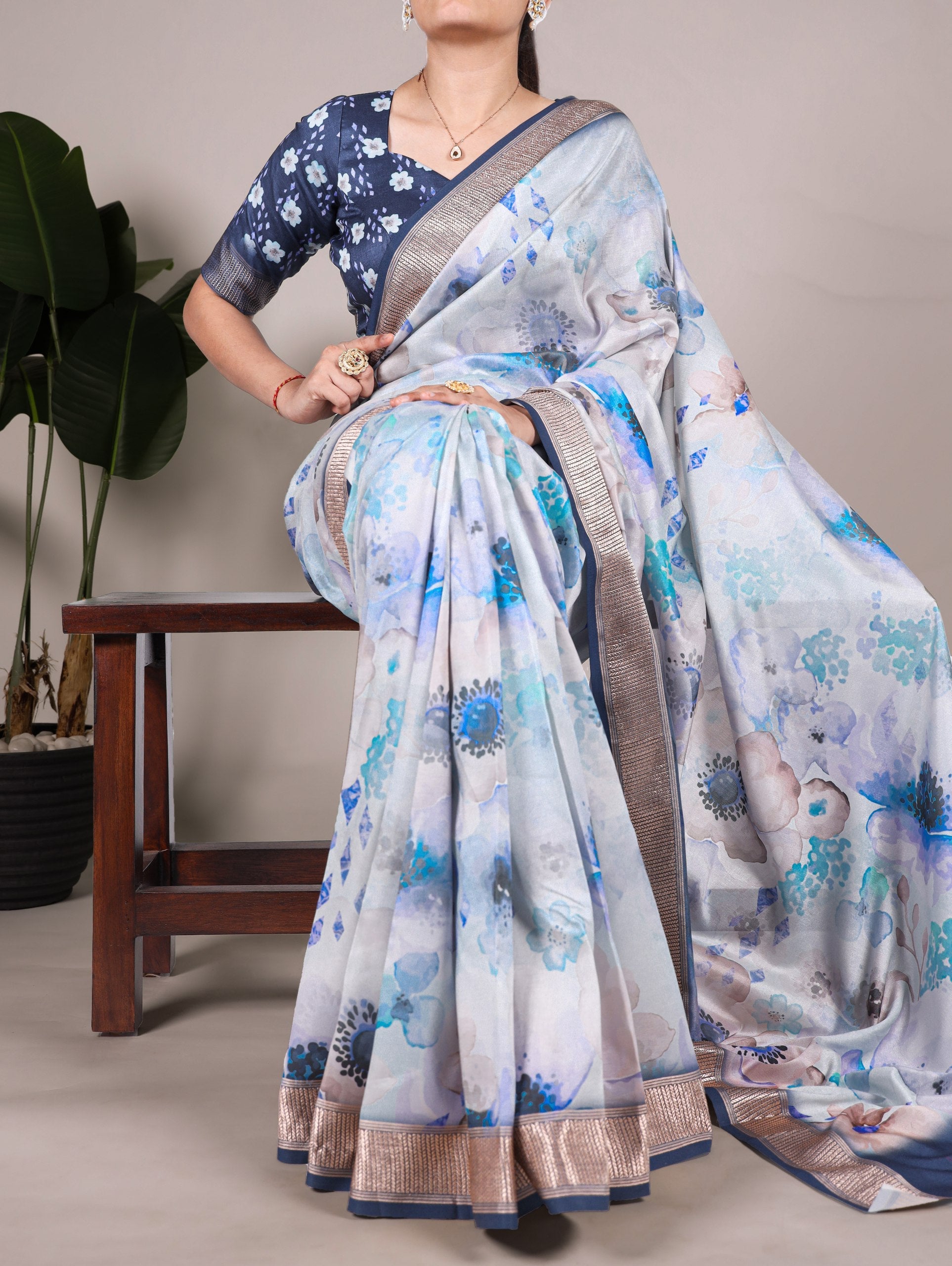 Sky Blue Elegant Floral Printed Tussar Silk Saree with Viscose Border ClothsVilla Main image