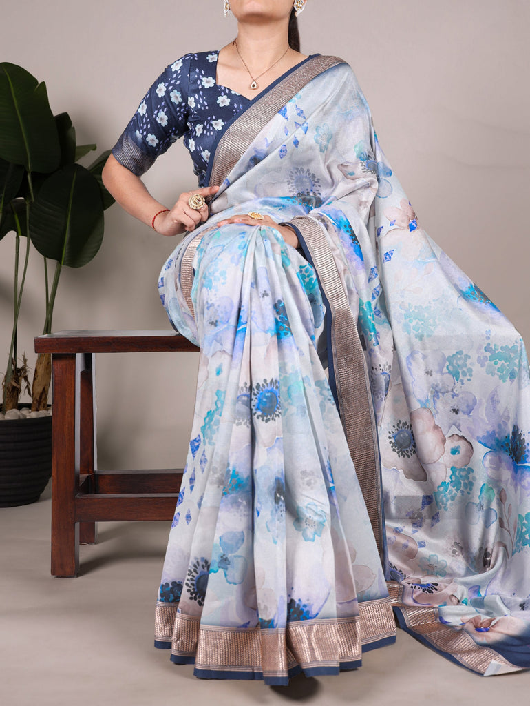 Sky Blue Elegant Floral Printed Tussar Silk Saree with Viscose Border ClothsVilla