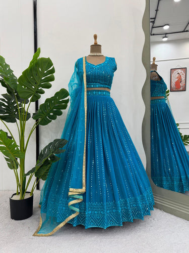Sky Blue Elegant Fox Georgette Semi-Stitched Lehenga Set with Sequin Embroidery & Butterfly Net Dupatta ClothsVilla