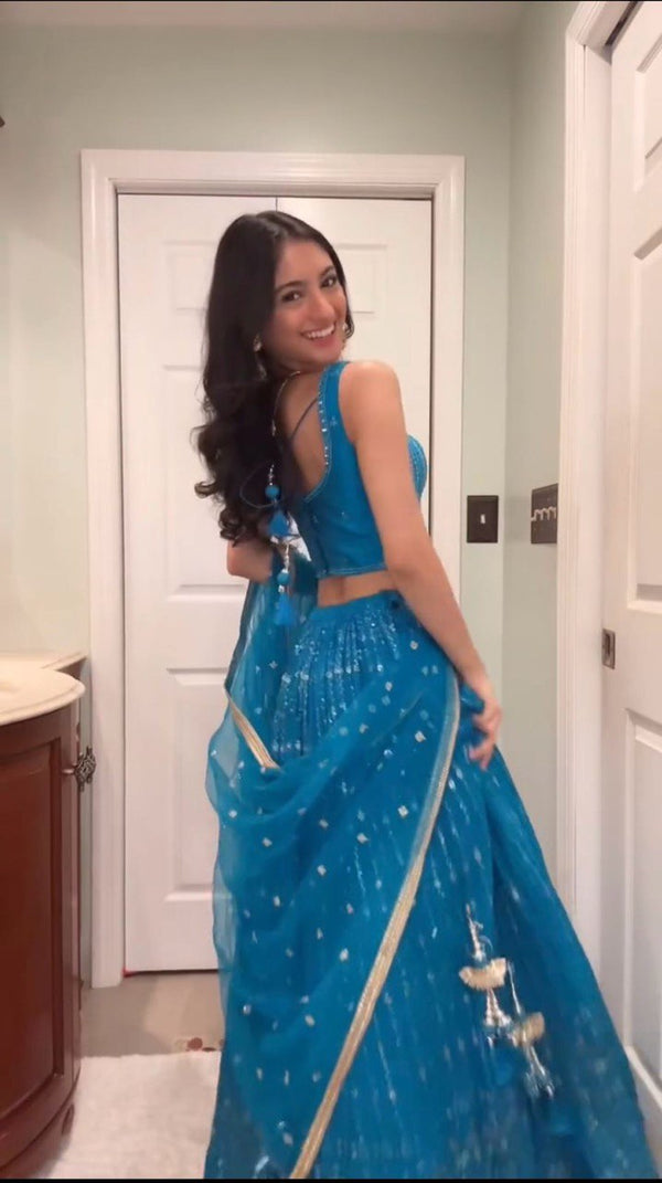 Sky Blue Elegant Fox Georgette Semi-Stitched Lehenga Set with Sequin Embroidery & Butterfly Net Dupatta ClothsVilla