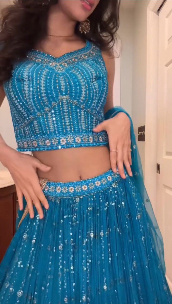 Sky Blue Elegant Fox Georgette Semi-Stitched Lehenga Set with Sequin Embroidery & Butterfly Net Dupatta ClothsVilla