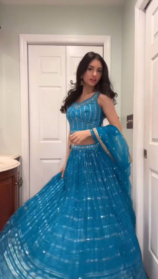 Sky Blue Elegant Fox Georgette Semi-Stitched Lehenga Set with Sequin Embroidery & Butterfly Net Dupatta ClothsVilla