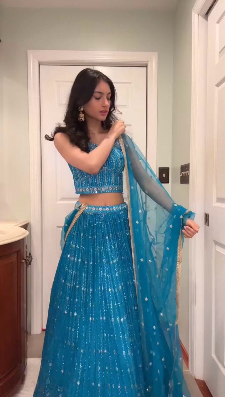 Sky Blue Elegant Fox Georgette Semi-Stitched Lehenga Set with Sequin Embroidery & Butterfly Net Dupatta ClothsVilla