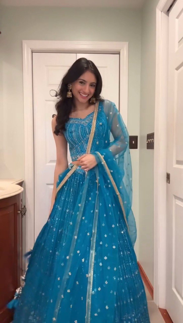 Sky Blue Elegant Fox Georgette Semi-Stitched Lehenga Set with Sequin Embroidery & Butterfly Net Dupatta ClothsVilla