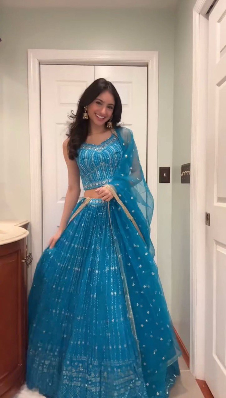 Sky Blue Elegant Fox Georgette Semi-Stitched Lehenga Set with Sequin Embroidery & Butterfly Net Dupatta ClothsVilla