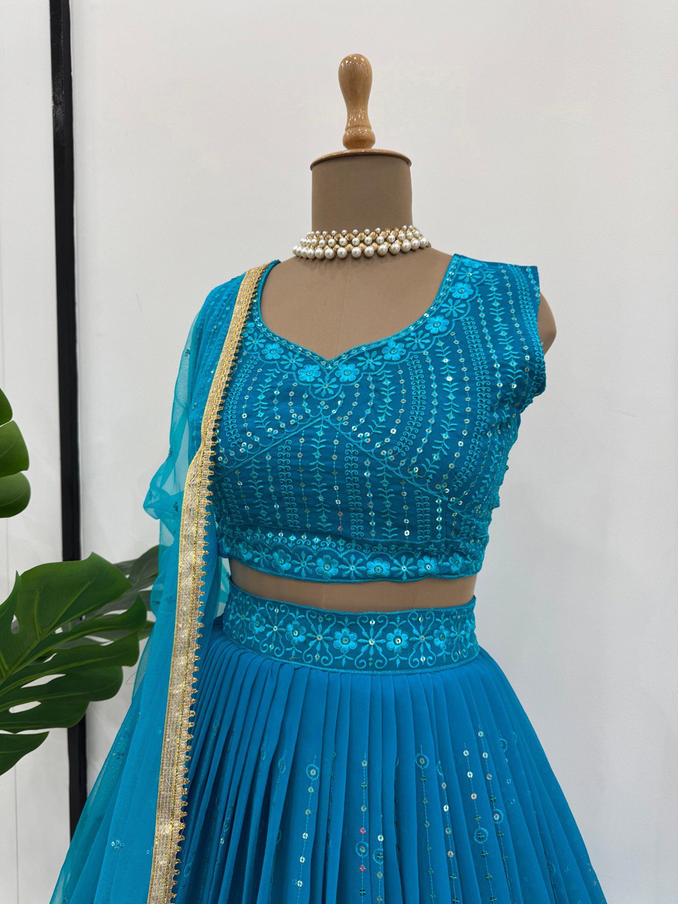 Sky Blue Elegant Fox Georgette Semi-Stitched Lehenga Set with Sequin Embroidery & Butterfly Net Dupatta ClothsVilla