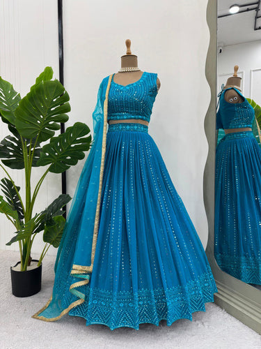 Sky Blue Elegant Fox Georgette Semi-Stitched Lehenga Set with Sequin Embroidery & Butterfly Net Dupatta ClothsVilla