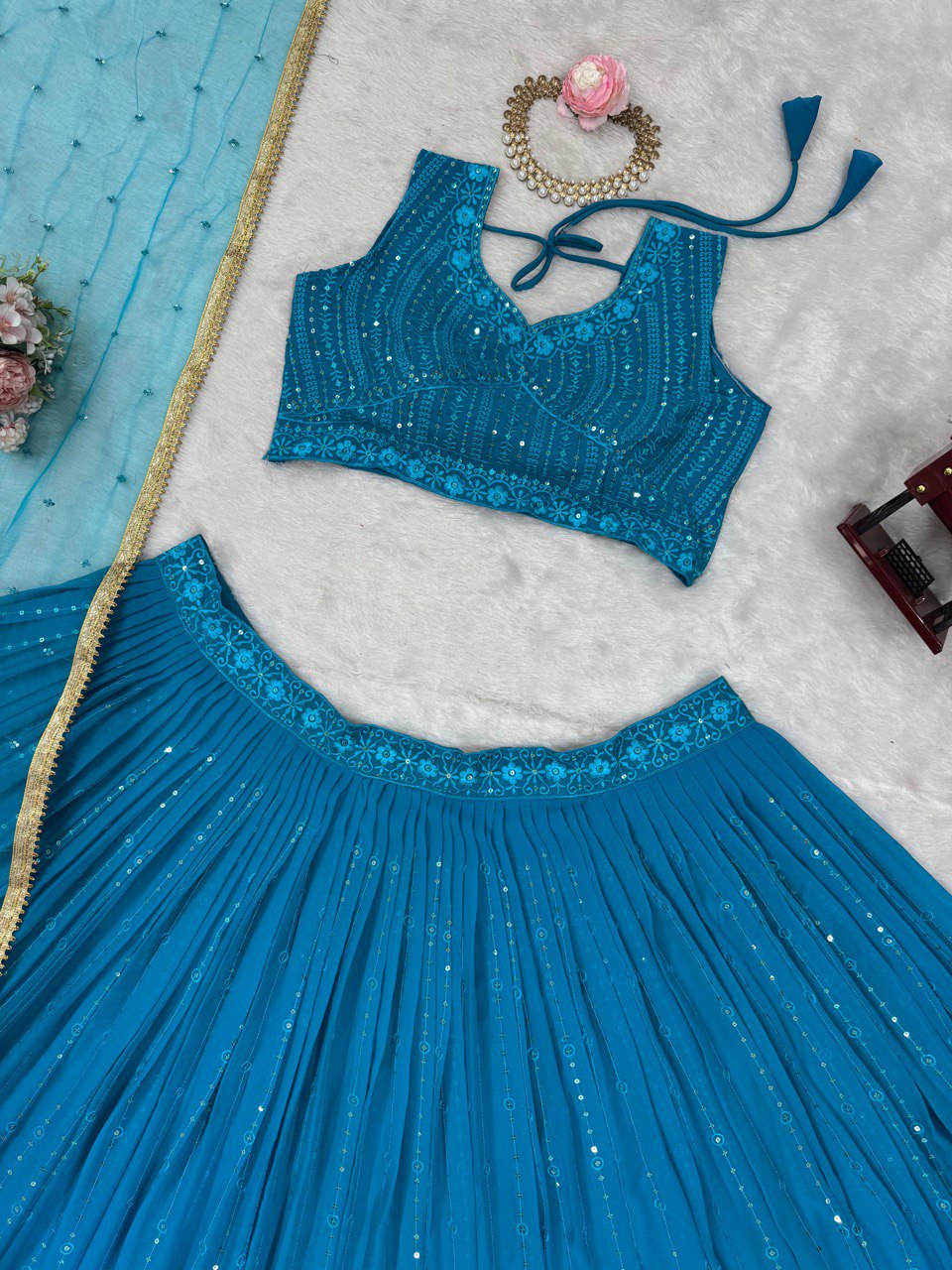 Sky Blue Elegant Fox Georgette Semi-Stitched Lehenga Set with Sequin Embroidery & Butterfly Net Dupatta ClothsVilla