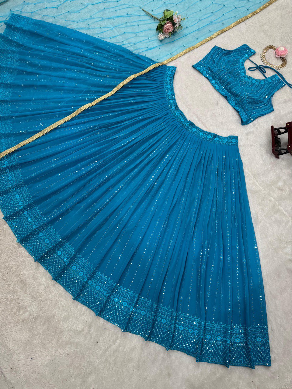 Sky Blue Elegant Fox Georgette Semi-Stitched Lehenga Set with Sequin Embroidery & Butterfly Net Dupatta ClothsVilla