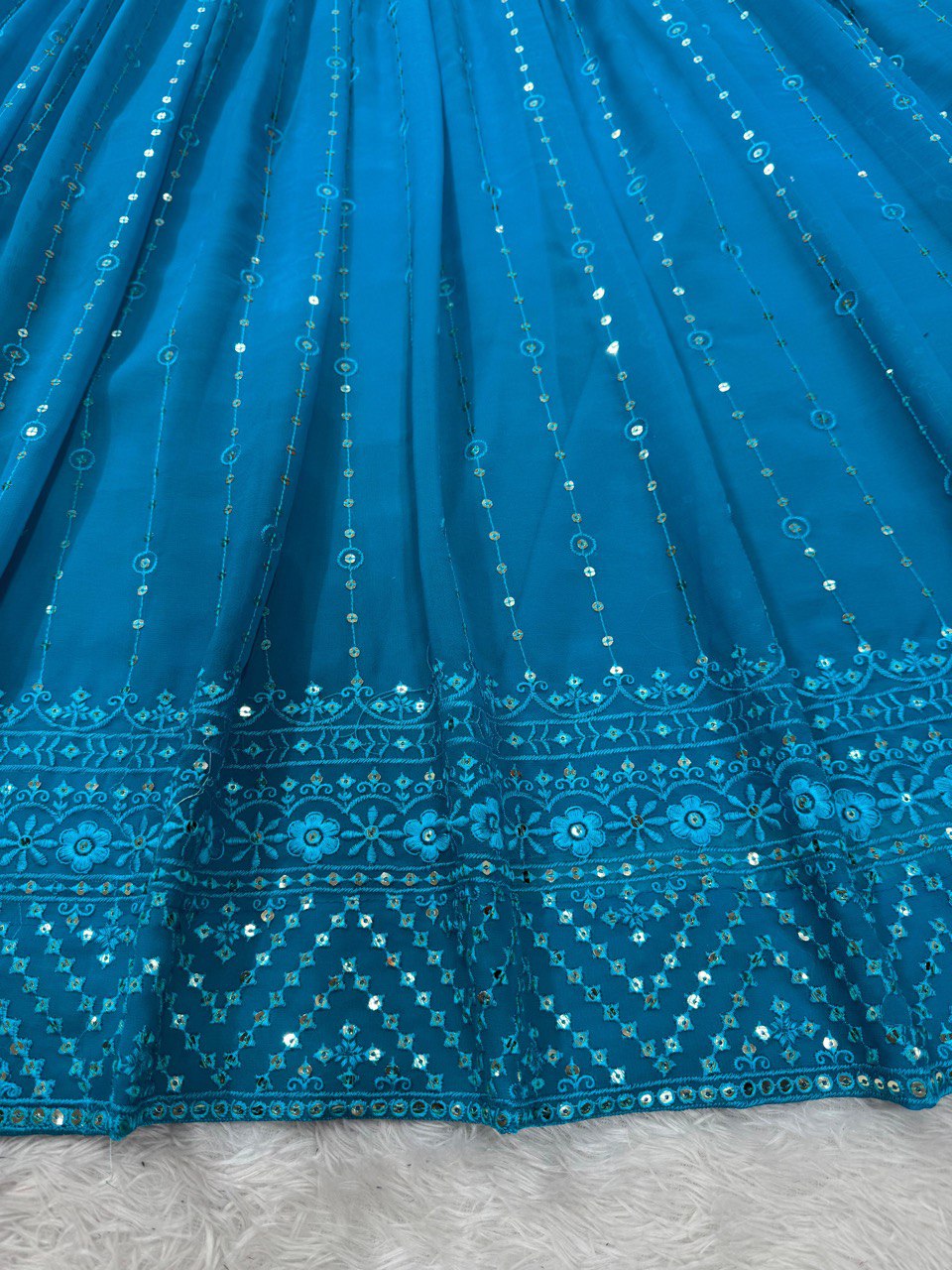 Sky Blue Elegant Fox Georgette Semi-Stitched Lehenga Set with Sequin Embroidery & Butterfly Net Dupatta ClothsVilla