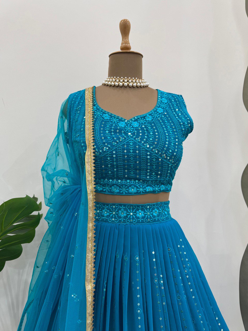 Sky Blue Elegant Fox Georgette Semi-Stitched Lehenga Set with Sequin Embroidery & Butterfly Net Dupatta ClothsVilla