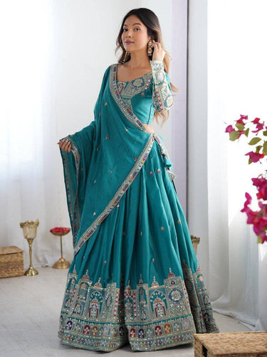 Sky Blue Elegant French Crepe Semi-Stitched Lehenga with Multi-Thread & Sequins Embroidery, Unstitched Choli, and Matching Embroidered Dupatta ClothsVilla