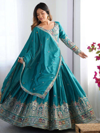 Sky Blue Elegant French Crepe Semi-Stitched Lehenga with Multi-Thread & Sequins Embroidery, Unstitched Choli, and Matching Embroidered Dupatta ClothsVilla