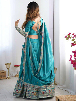 Sky Blue Elegant French Crepe Semi-Stitched Lehenga with Multi-Thread & Sequins Embroidery, Unstitched Choli, and Matching Embroidered Dupatta ClothsVilla