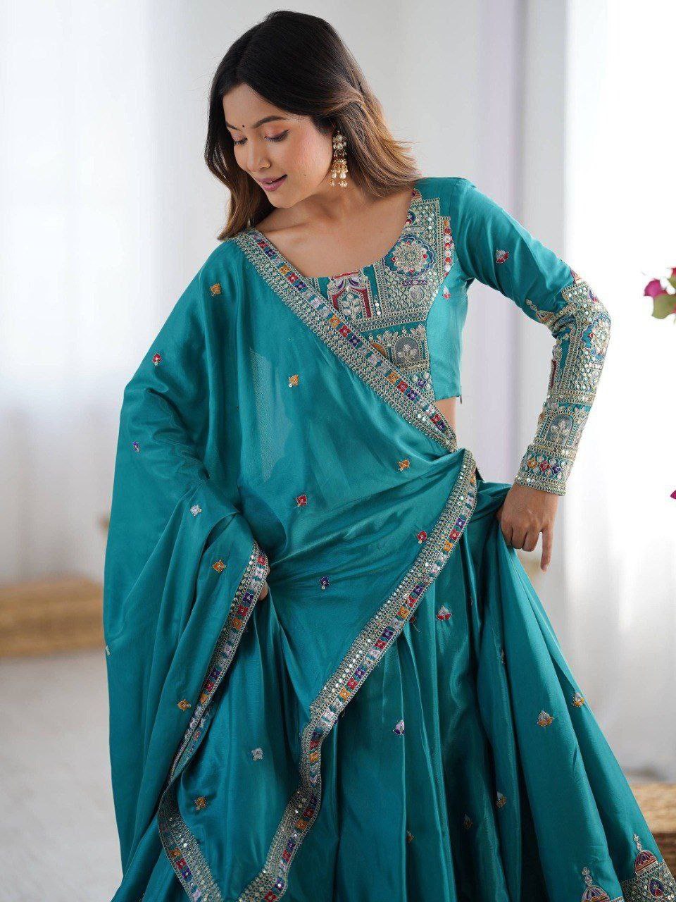 Sky Blue Elegant French Crepe Semi-Stitched Lehenga with Multi-Thread & Sequins Embroidery, Unstitched Choli, and Matching Embroidered Dupatta ClothsVilla