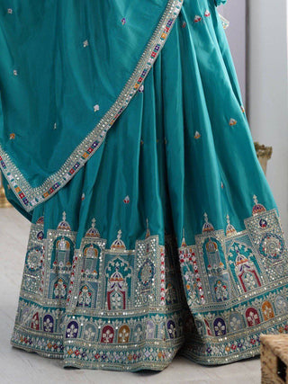 Sky Blue Elegant French Crepe Semi-Stitched Lehenga with Multi-Thread & Sequins Embroidery, Unstitched Choli, and Matching Embroidered Dupatta ClothsVilla