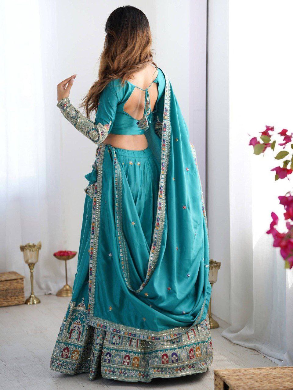 Sky Blue Elegant French Crepe Semi-Stitched Lehenga with Multi-Thread & Sequins Embroidery, Unstitched Choli, and Matching Embroidered Dupatta ClothsVilla