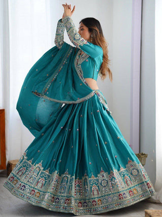 Sky Blue Elegant French Crepe Semi-Stitched Lehenga with Multi-Thread & Sequins Embroidery, Unstitched Choli, and Matching Embroidered Dupatta ClothsVilla