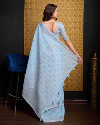 Sky Blue Elegant & Gold-Toned Ikat Woven Saree with Zari Border ClothsVilla
