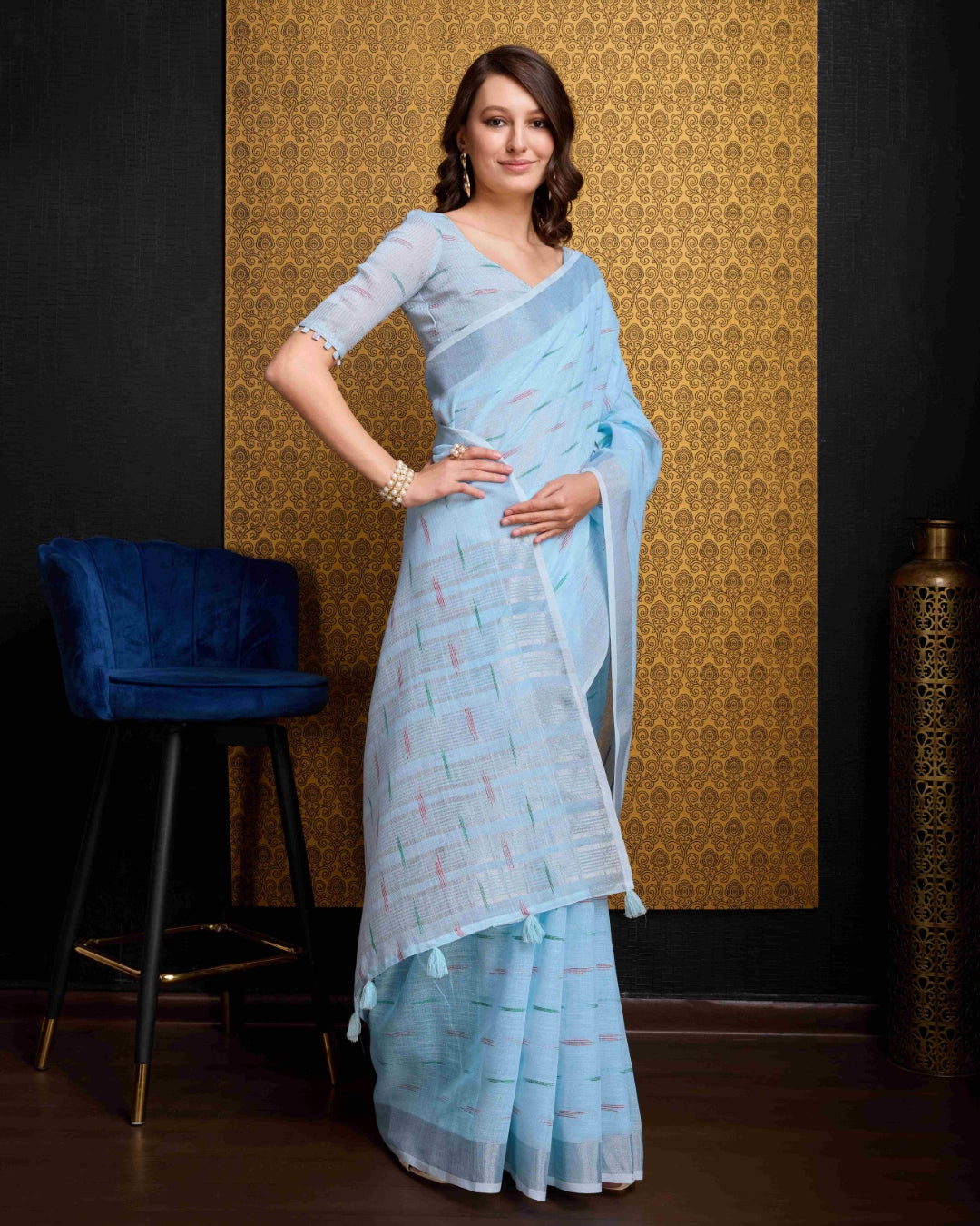 Sky Blue Elegant & Gold-Toned Ikat Woven Saree with Zari Border Secondary image