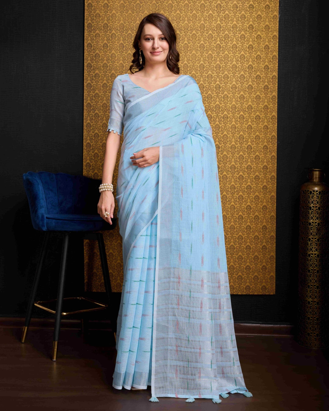 Sky Blue Elegant & Gold-Toned Ikat Woven Saree with Zari Border ClothsVilla Main image