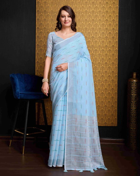 Sky Blue Elegant & Gold-Toned Ikat Woven Saree with Zari Border ClothsVilla Main image